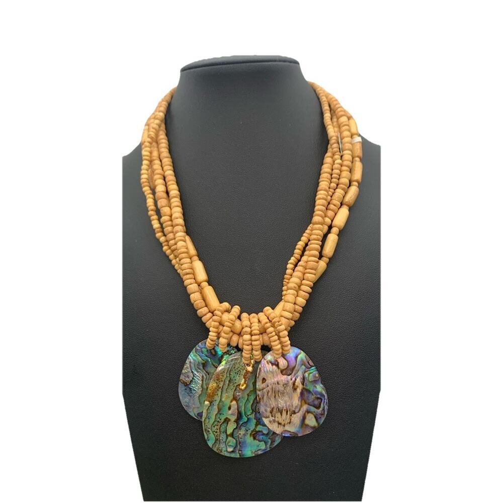 Vintage Nwt Stunning Wooden Beaded & Abalone Shel… - image 1